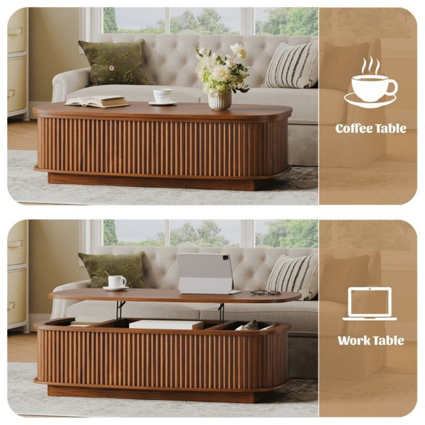 English Elm 47.2 Inch Oval Fluted Lift Top Coffee Table with Hidden Storage for Living Room W1820P496482