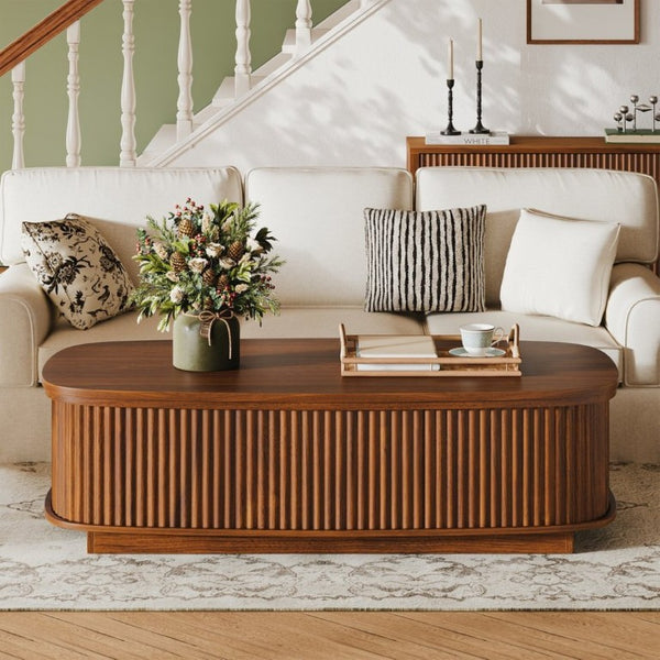 English Elm 47.2 Inch Oval Fluted Lift Top Coffee Table with Hidden Storage for Living Room W1820P496482