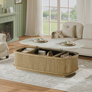 English Elm 47.2 Oval Fluted Lift Top Coffee Table with Hidden Storage and Gas Spring Oak Finish W1820P496483