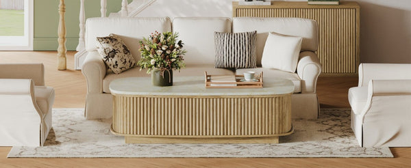 English Elm 47.2 Oval Fluted Lift Top Coffee Table with Hidden Storage and Gas Spring Oak Finish W1820P496483