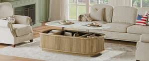 English Elm 47.2 Oval Fluted Lift Top Coffee Table with Hidden Storage and Gas Spring Oak Finish W1820P496483