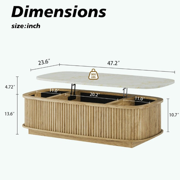 English Elm 47.2 Oval Fluted Lift Top Coffee Table with Hidden Storage and Gas Spring Oak Finish W1820P496483
