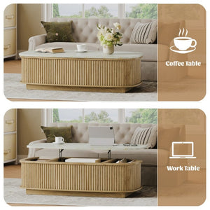 English Elm 47.2 Oval Fluted Lift Top Coffee Table with Hidden Storage and Gas Spring Oak Finish W1820P496483