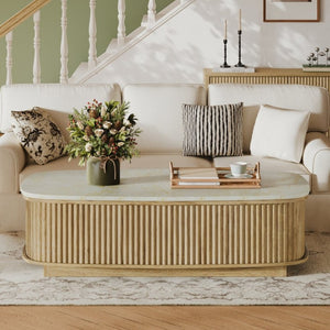 English Elm 47.2 Oval Fluted Lift Top Coffee Table with Hidden Storage and Gas Spring Oak Finish W1820P496483