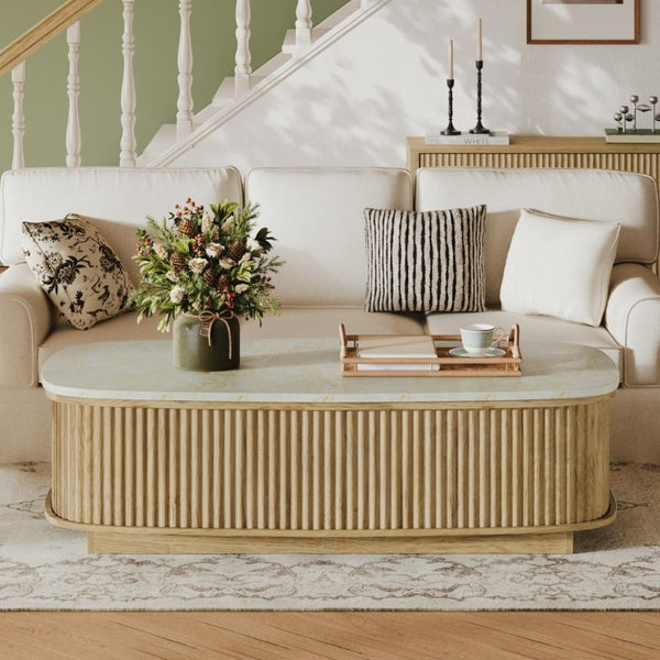 English Elm 47.2 Oval Fluted Lift Top Coffee Table with Hidden Storage and Gas Spring Oak Finish W1820P496483