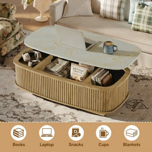English Elm 47.2 Oval Fluted Lift Top Coffee Table with Hidden Storage and Gas Spring Oak Finish W1820P496483