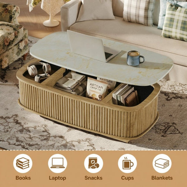 English Elm 47.2 Oval Fluted Lift Top Coffee Table with Hidden Storage and Gas Spring Oak Finish W1820P496483