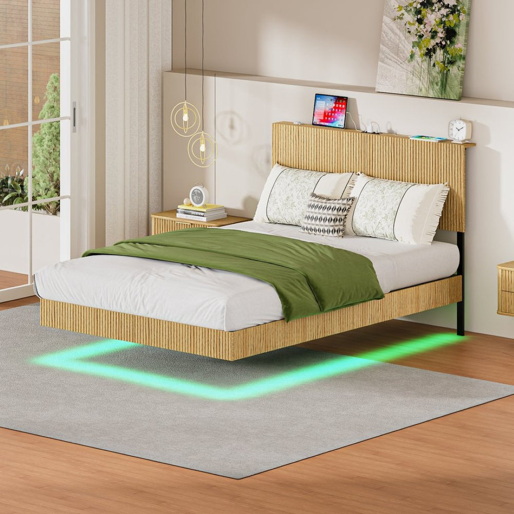 English Elm Oak Platform Full Bed Wavy Headboard Floating Frame with LED Lighting and Charging Hub W1820P497272