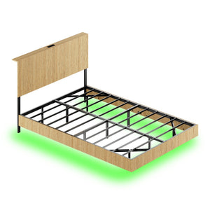 English Elm Oak Platform Full Bed Wavy Headboard Floating Frame with LED Lighting and Charging Hub W1820P497272