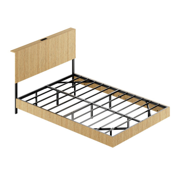 English Elm Oak Platform Full Bed Wavy Headboard Floating Frame with LED Lighting and Charging Hub W1820P497272