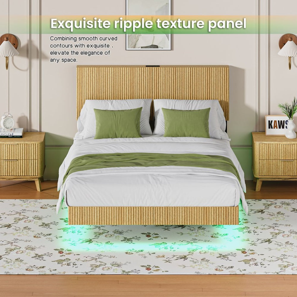 English Elm Oak Platform Full Bed Wavy Headboard Floating Frame with LED Lighting and Charging Hub W1820P497272