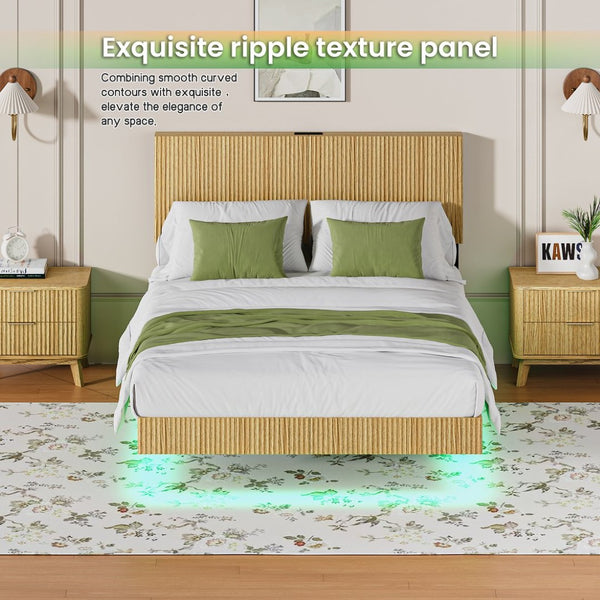 English Elm Oak Platform Full Bed Wavy Headboard Floating Frame with LED Lighting and Charging Hub W1820P497272