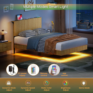 English Elm Oak Platform Full Bed Wavy Headboard Floating Frame with LED Lighting and Charging Hub W1820P497272