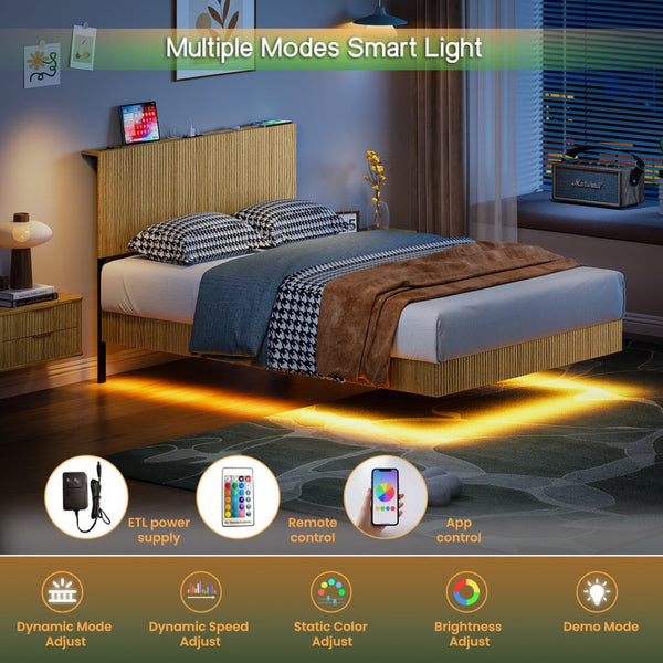 English Elm Oak Platform Full Bed Wavy Headboard Floating Frame with LED Lighting and Charging Hub W1820P497272
