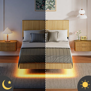 English Elm Oak Platform Full Bed Wavy Headboard Floating Frame with LED Lighting and Charging Hub W1820P497272