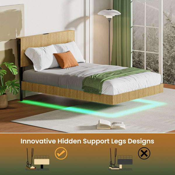 English Elm Oak Platform Full Bed Wavy Headboard Floating Frame with LED Lighting and Charging Hub W1820P497272