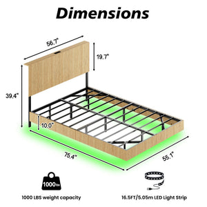English Elm Oak Platform Full Bed Wavy Headboard Floating Frame with LED Lighting and Charging Hub W1820P497272