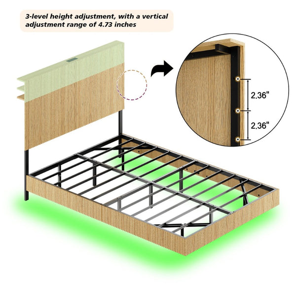 English Elm Oak Platform Full Bed Wavy Headboard Floating Frame with LED Lighting and Charging Hub W1820P497272