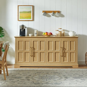 English Elm 67 Inch Farmhouse Sideboard Buffet with Four Door Oak Finish Storage for Dining Room Natural W1820P497758