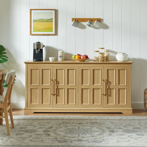 English Elm 67 Inch Farmhouse Sideboard Buffet with Four Door Oak Finish Storage for Dining Room Natural W1820P497758