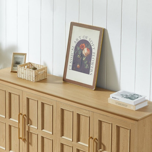 English Elm 67 Inch Farmhouse Sideboard Buffet with Four Door Oak Finish Storage for Dining Room Natural W1820P497758