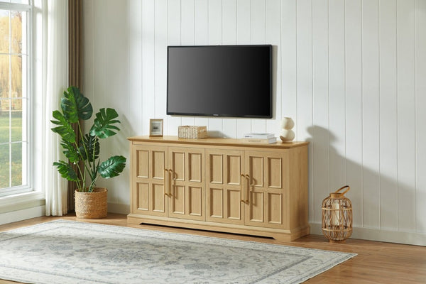 English Elm 67 Inch Farmhouse Sideboard Buffet with Four Door Oak Finish Storage for Dining Room Natural W1820P497758