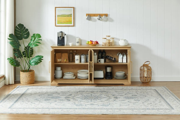 English Elm 67 Inch Farmhouse Sideboard Buffet with Four Door Oak Finish Storage for Dining Room Natural W1820P497758