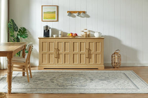English Elm 67 Inch Farmhouse Sideboard Buffet with Four Door Oak Finish Storage for Dining Room Natural W1820P497758