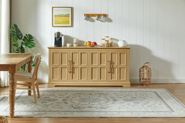 English Elm 67 Inch Farmhouse Sideboard Buffet with Four Door Oak Finish Storage for Dining Room Natural W1820P497758