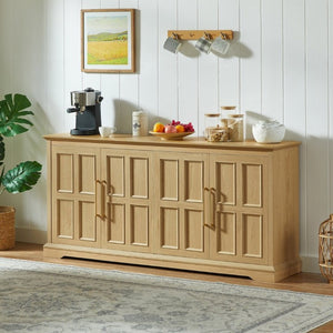 English Elm 67 Inch Farmhouse Sideboard Buffet with Four Door Oak Finish Storage for Dining Room Natural W1820P497758