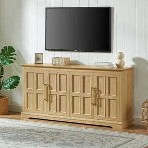 English Elm 67 Inch Farmhouse Sideboard Buffet with Four Door Oak Finish Storage for Dining Room Natural W1820P497758