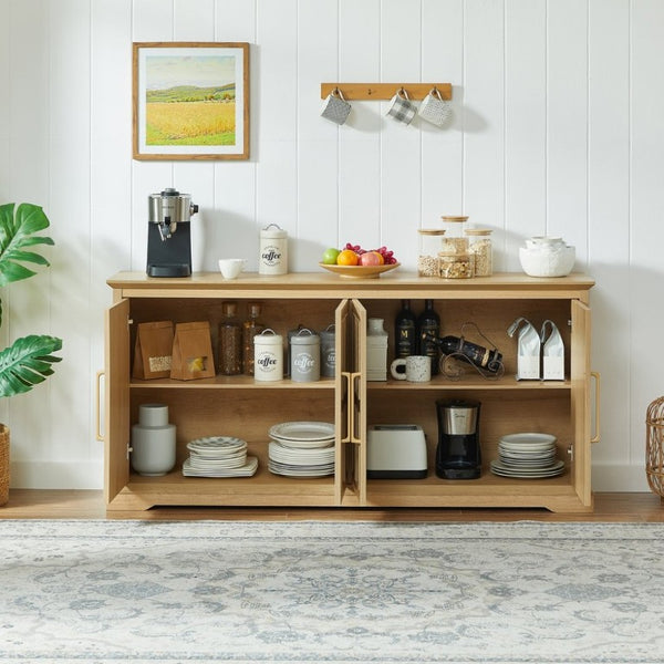 English Elm 67 Inch Farmhouse Sideboard Buffet with Four Door Oak Finish Storage for Dining Room Natural W1820P497758