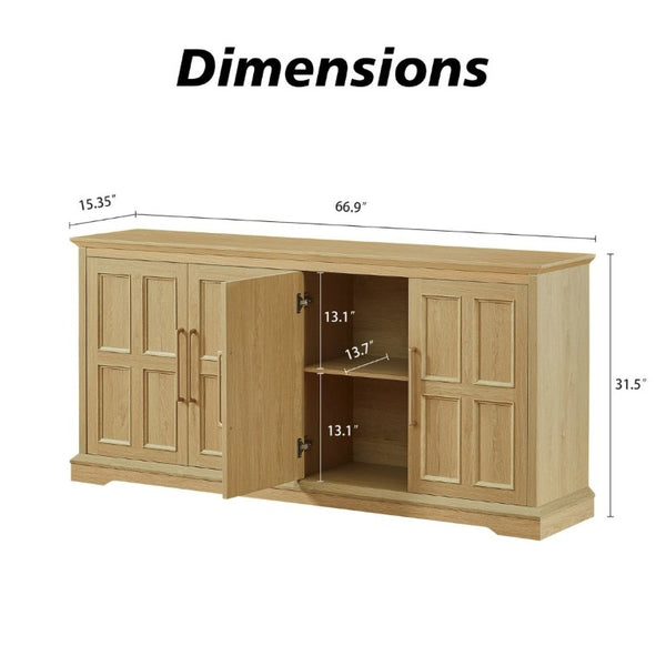 English Elm 67 Inch Farmhouse Sideboard Buffet with Four Door Oak Finish Storage for Dining Room Natural W1820P497758