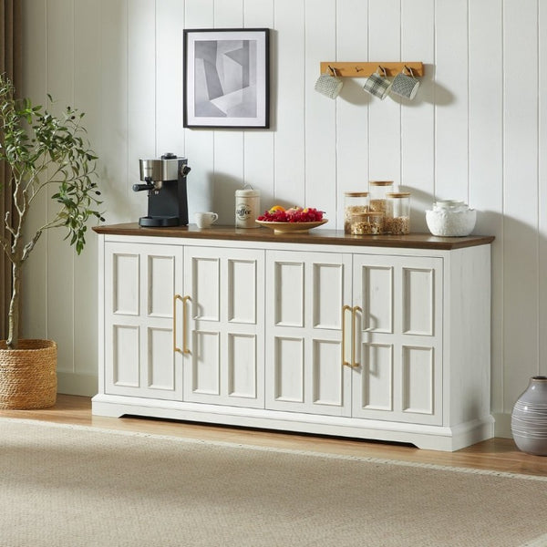 English Elm 67 Inch Farmhouse Sideboard Buffet with Four Door Oak Finish Storage for Dining Room Rustic White W1820P497763