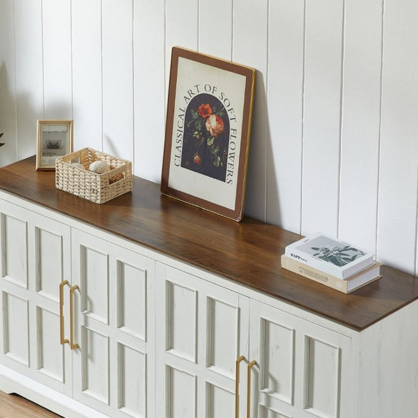 English Elm 67 Inch Farmhouse Sideboard Buffet with Four Door Oak Finish Storage for Dining Room Rustic White W1820P497763
