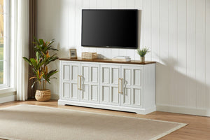 English Elm 67 Inch Farmhouse Sideboard Buffet with Four Door Oak Finish Storage for Dining Room Rustic White W1820P497763