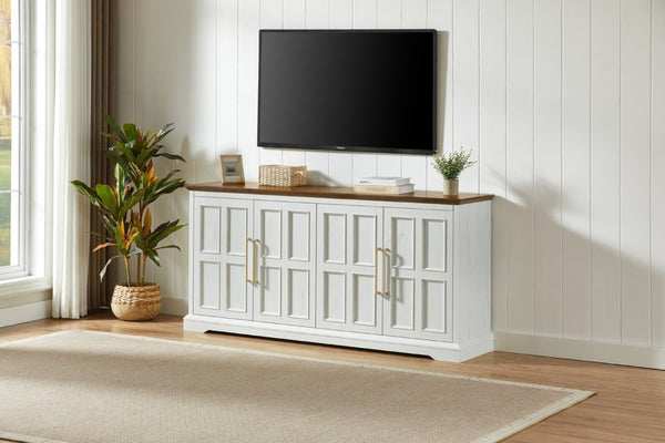 English Elm 67 Inch Farmhouse Sideboard Buffet with Four Door Oak Finish Storage for Dining Room Rustic White W1820P497763