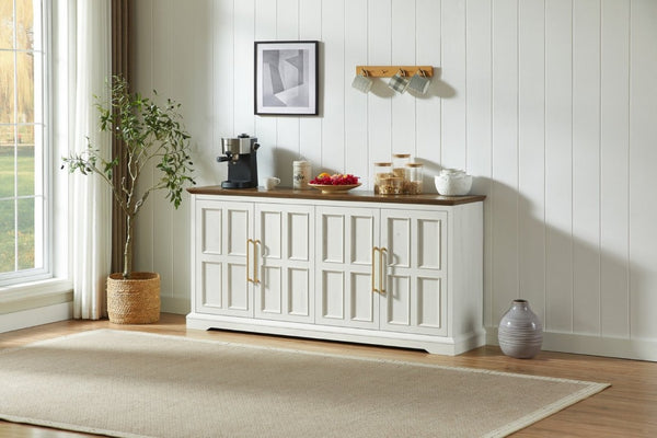 English Elm 67 Inch Farmhouse Sideboard Buffet with Four Door Oak Finish Storage for Dining Room Rustic White W1820P497763