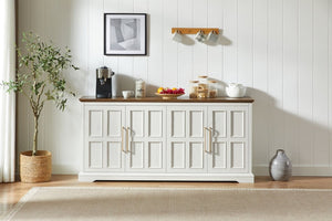 English Elm 67 Inch Farmhouse Sideboard Buffet with Four Door Oak Finish Storage for Dining Room Rustic White W1820P497763