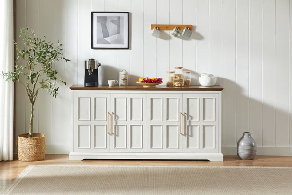 English Elm 67 Inch Farmhouse Sideboard Buffet with Four Door Oak Finish Storage for Dining Room Rustic White W1820P497763