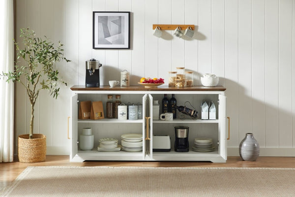 English Elm 67 Inch Farmhouse Sideboard Buffet with Four Door Oak Finish Storage for Dining Room Rustic White W1820P497763