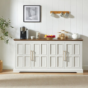 English Elm 67 Inch Farmhouse Sideboard Buffet with Four Door Oak Finish Storage for Dining Room Rustic White W1820P497763
