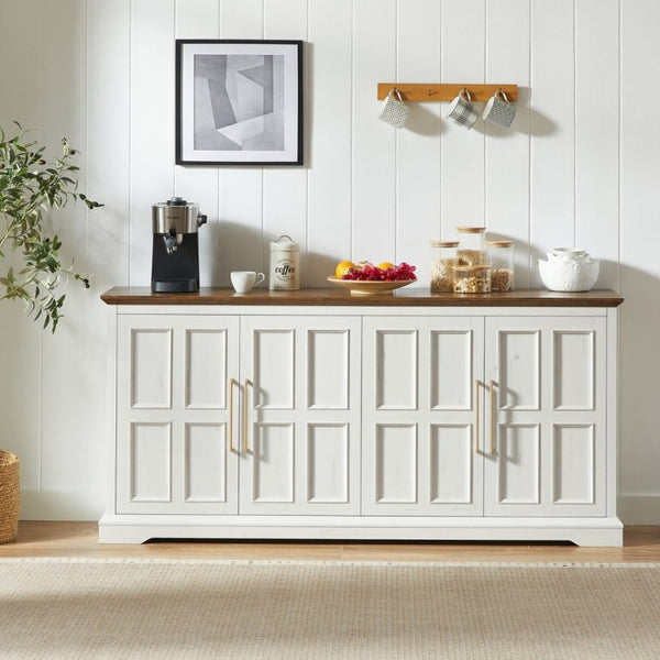 English Elm 67 Inch Farmhouse Sideboard Buffet with Four Door Oak Finish Storage for Dining Room Rustic White W1820P497763