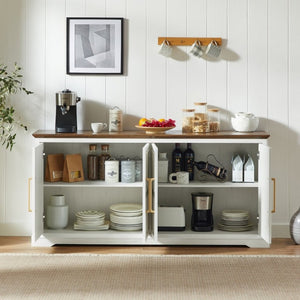 English Elm 67 Inch Farmhouse Sideboard Buffet with Four Door Oak Finish Storage for Dining Room Rustic White W1820P497763