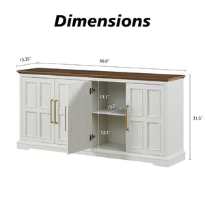 English Elm 67 Inch Farmhouse Sideboard Buffet with Four Door Oak Finish Storage for Dining Room Rustic White W1820P497763