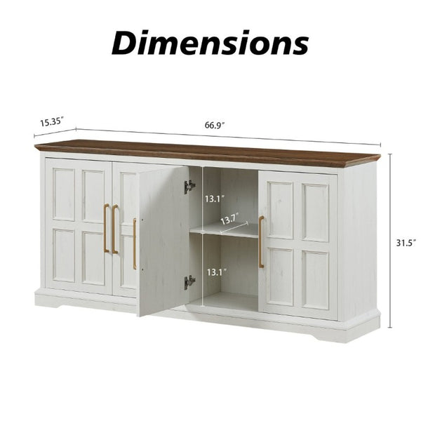 English Elm 67 Inch Farmhouse Sideboard Buffet with Four Door Oak Finish Storage for Dining Room Rustic White W1820P497763
