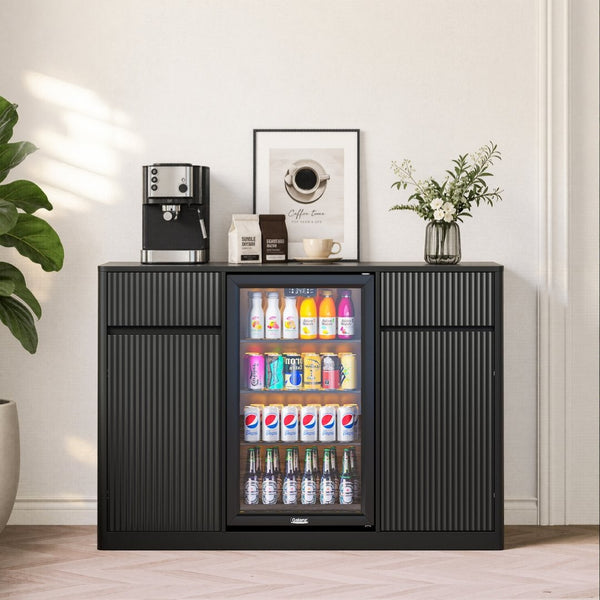 English Elm 53'' Fluted Modern Bar Cabinet with Stemware Rack Charging Hub and Mini Fridge Housing Black W1820P505527