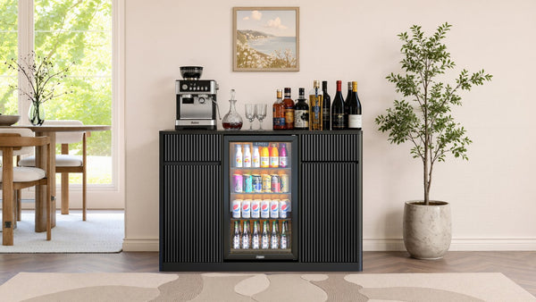 English Elm 53'' Fluted Modern Bar Cabinet with Stemware Rack Charging Hub and Mini Fridge Housing Black W1820P505527