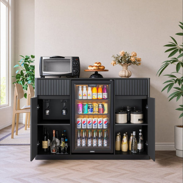 English Elm 53'' Fluted Modern Bar Cabinet with Stemware Rack Charging Hub and Mini Fridge Housing Black W1820P505527