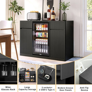 English Elm 53'' Fluted Modern Bar Cabinet with Stemware Rack Charging Hub and Mini Fridge Housing Black W1820P505527